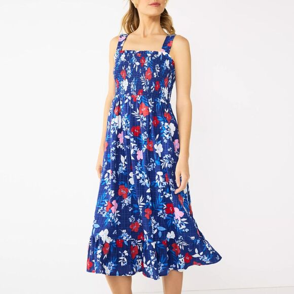 DRAPER JAMES RSVP Smocked Bodice Floral Pockets Midi Dress Sz M - Picture 1 of 11